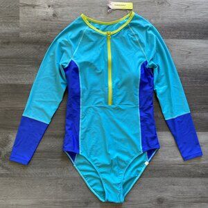 SUMMERSALT NEW The Longshore One Piece Swimsuit Zip Front Coastal Hydrangea Sz 8